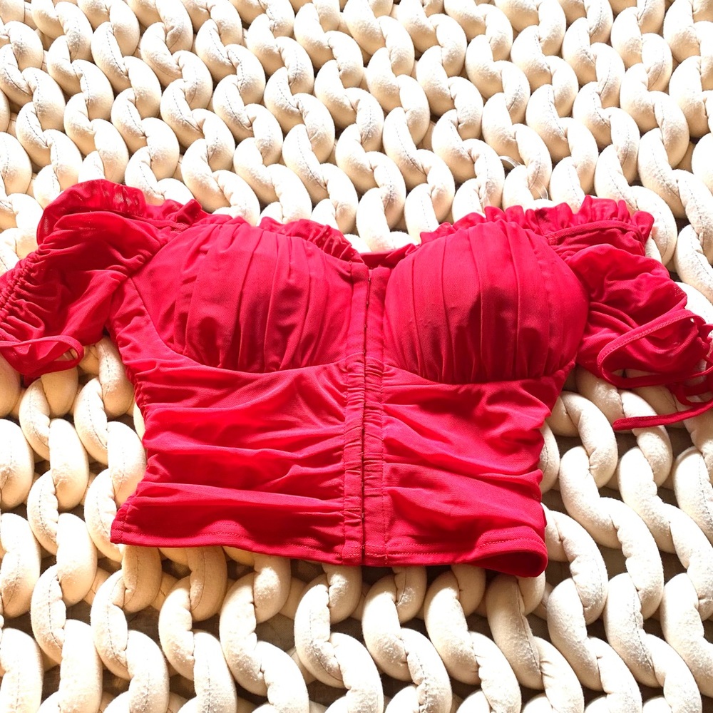 Red Ruched Crop Top - Picture 2 of 3